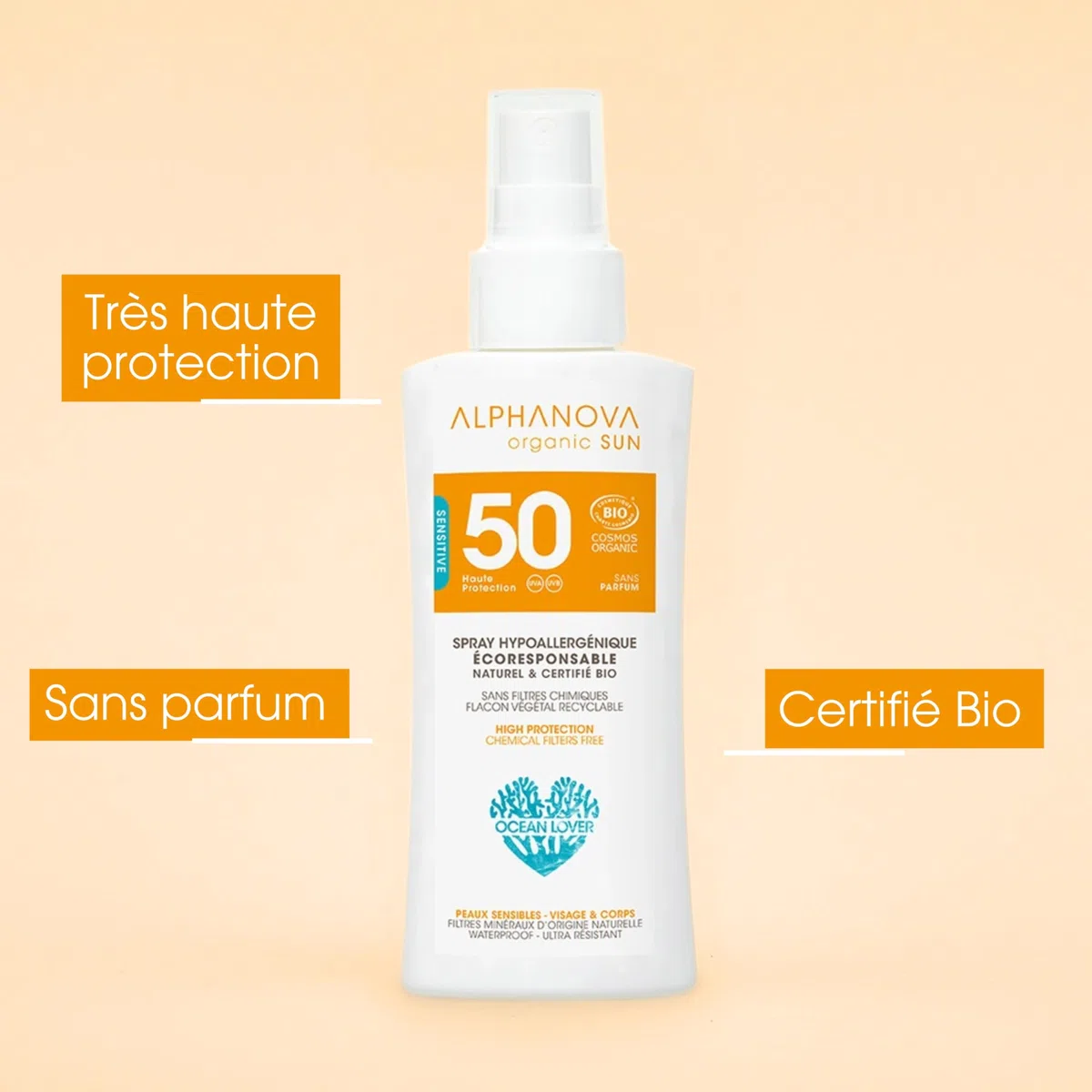 ALPHANOVA Spray solaire SPF50 Naturel et Bio - Format voyage - bagage cabine - 90g - Sans parfum