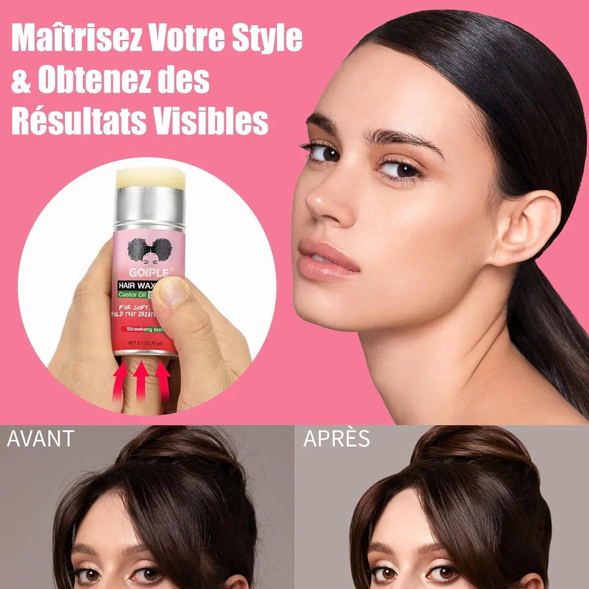 Hair Wax Stick Longue Durée, Non Gras Wax Stick Hair pour Cheveux Rebelles, Bâtonnet de Cire pour Femmes & Enfants, Avec Brosse à Cheveux Lisse, Brosse à Bords, Peigne à Queue de Rat et Pince de Salon