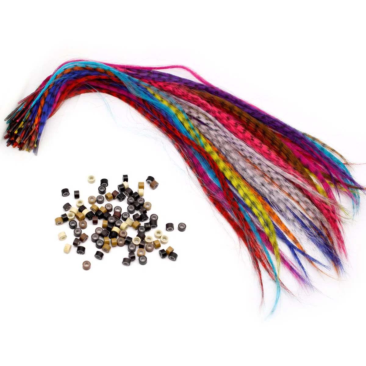 Lot de 52 extensions de cheveux - en plumes synthétiques - 100 perles, une pince et un crochet