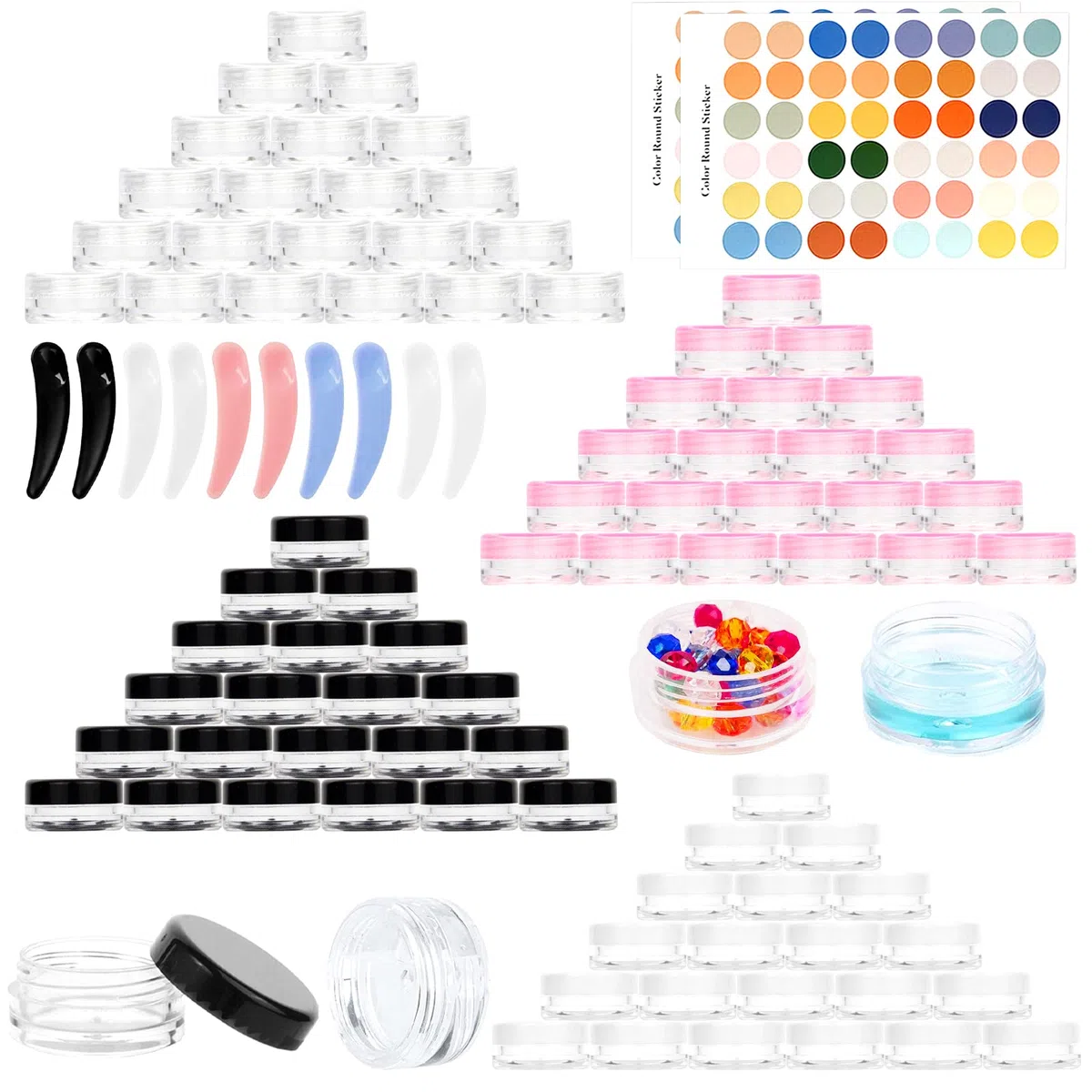 RUIJIE 100 Pcs 3g/3ml Contenants Cosmétiques Transparent avec 10 Spatule & 96 Autocollants, Pots Cosmétiques en Plastique, Mini Pots Ronds Clairs Vides Pots d'échantillons de Voyage pour Lotion, Crème