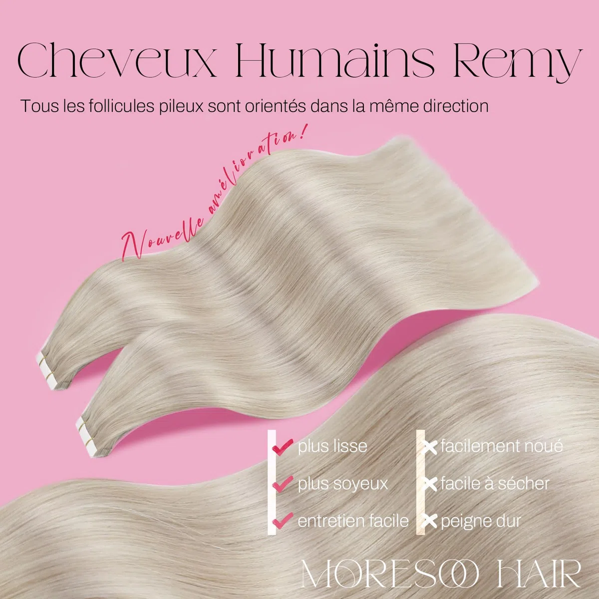 Moresoo Extension Cheveux Naturel Adhesif Blonde Extension Adhesive Invisible Blond Cendré avec Blond Décoloré Extension Adhesive Cheveux Naturel 30 cm #18/613 20pcs 30g
