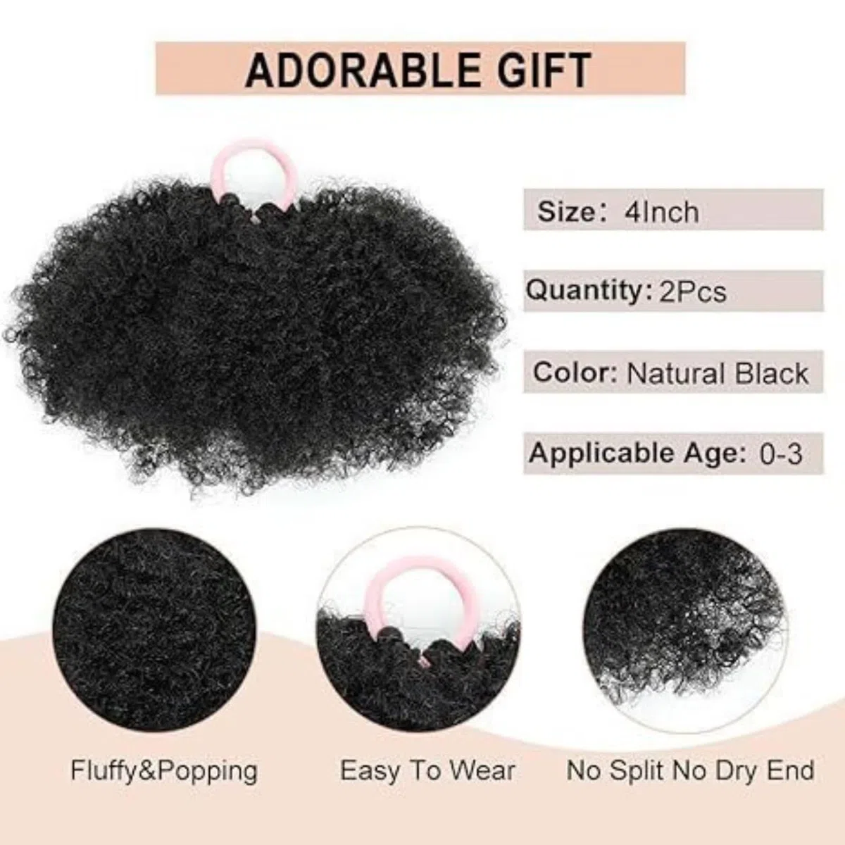 Queue de cheval afro pour enfants noirs, lot de 2 queues de cheval courtes synthétiques noires de qualité supérieure pour cheveux naturels, extension de queue de cheval avec élastique
