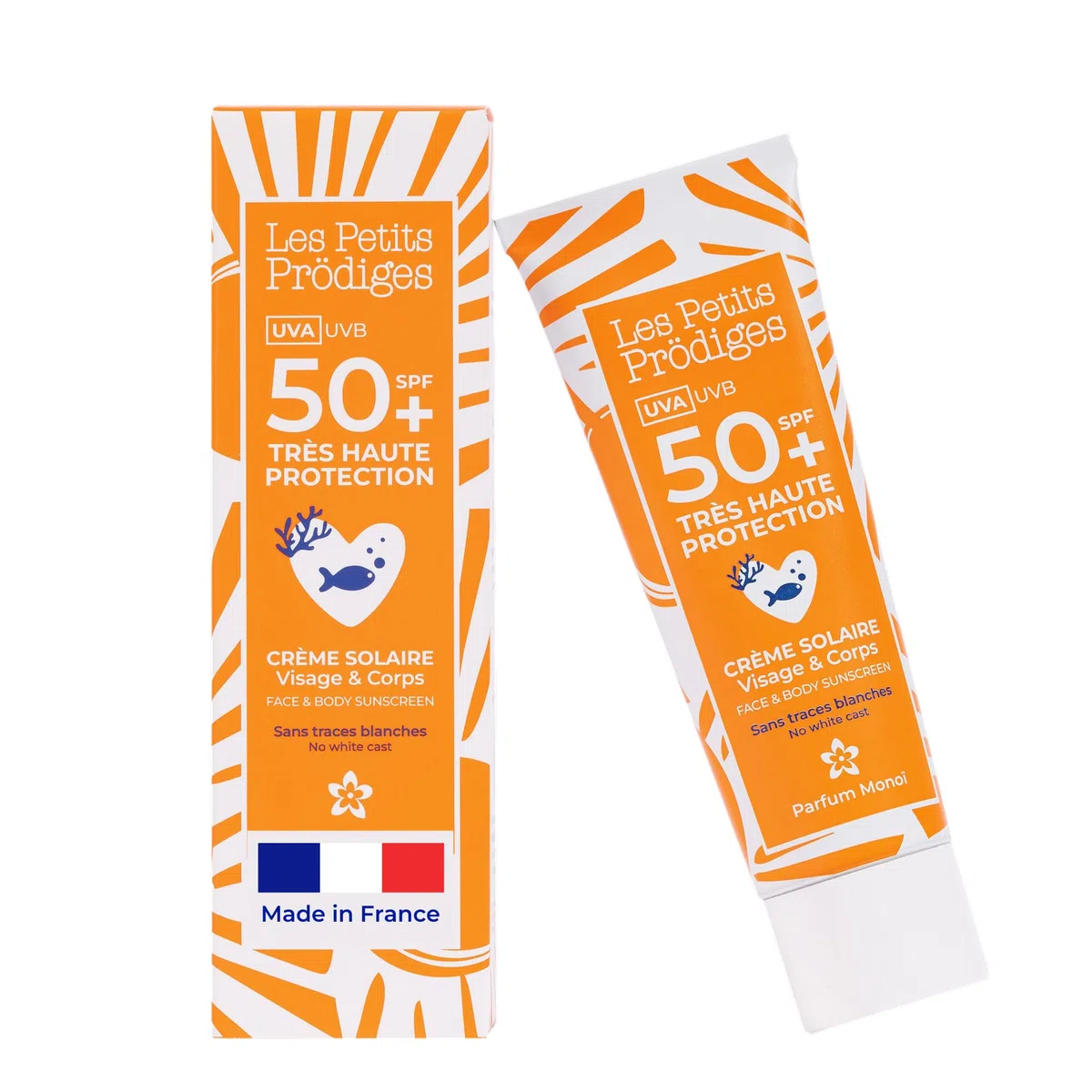 LES PETITS PRODIGES Creme Solaire SPF 50+ Visage & Corps - Invisible - Haute Protection UVA, UVB - Hydratant & Apaisant - Senteur Monoï - Flacon Aluminium Recyclable - Fabriquée en France - 50ml