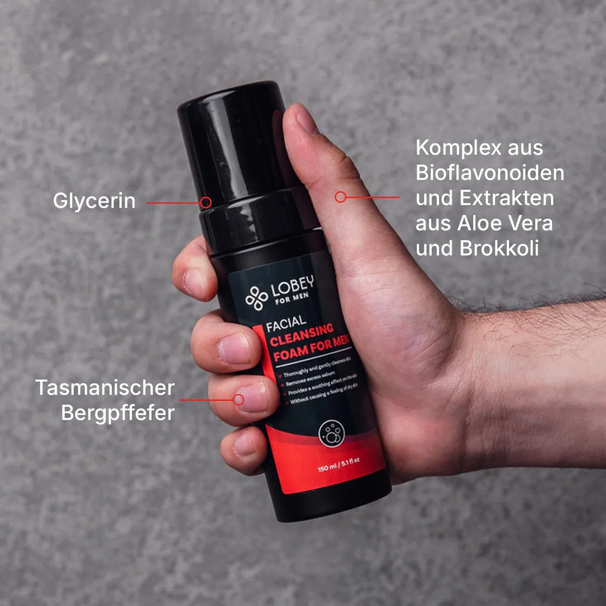 LOBEY Mousse nettoyante pour homme - Nettoyage doux du visage avec BioDtox, glycérine et poivre de Tasmanie - Pour peaux sensibles et après rasage - Naturel et rafraîchissant (150 ml)