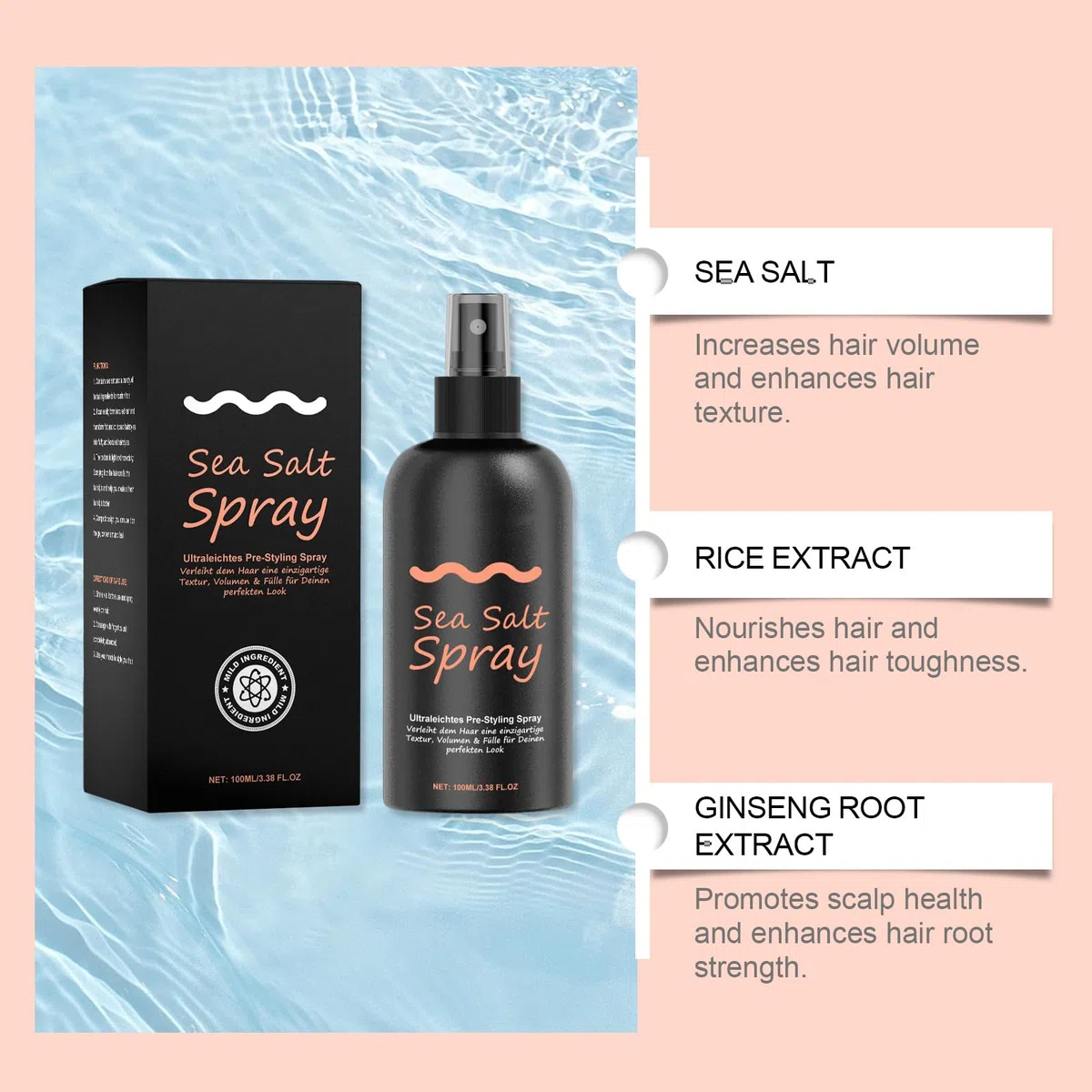 Sea Salt Spray, Men's Spray Texturant au Sel Marin, Spray Coiffant Eau de Mer, Spray Eau de Mer Cheveux pour Cheveux Plus Volumineux & Texture Stable, 06