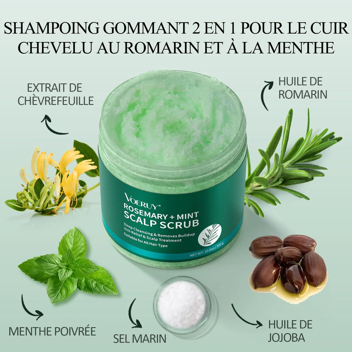 Gommage du cuir chevelu, shampooing exfoliant pour cuir chevelu au romarin, traitement 2 en 1 du cuir chevelu à l'huile de menthe, traitement capillaire pour clarifier et enlever l'accumulation avec