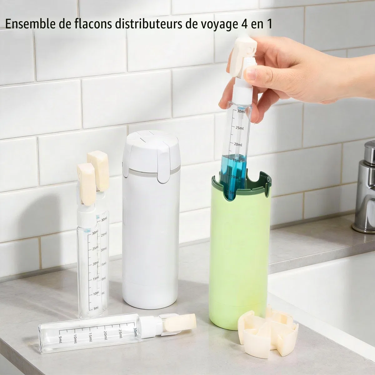 Lot de flacons distributeurs de voyage 4 en 1 : flacons compressibles rechargeables, étanches pour articles de toilette - Conteneurs de voyage portables pour shampooing, lotion, après-shampoing et