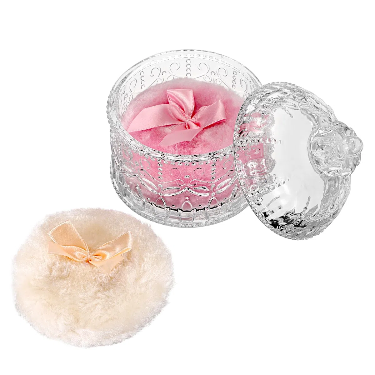 Boite à Poudre Vide en verre Contenant pour poudre libre avec 2 houppettes lavables et réutilisables pour femme, contenant transparent pour talc outil de maquillage (couronne, L)