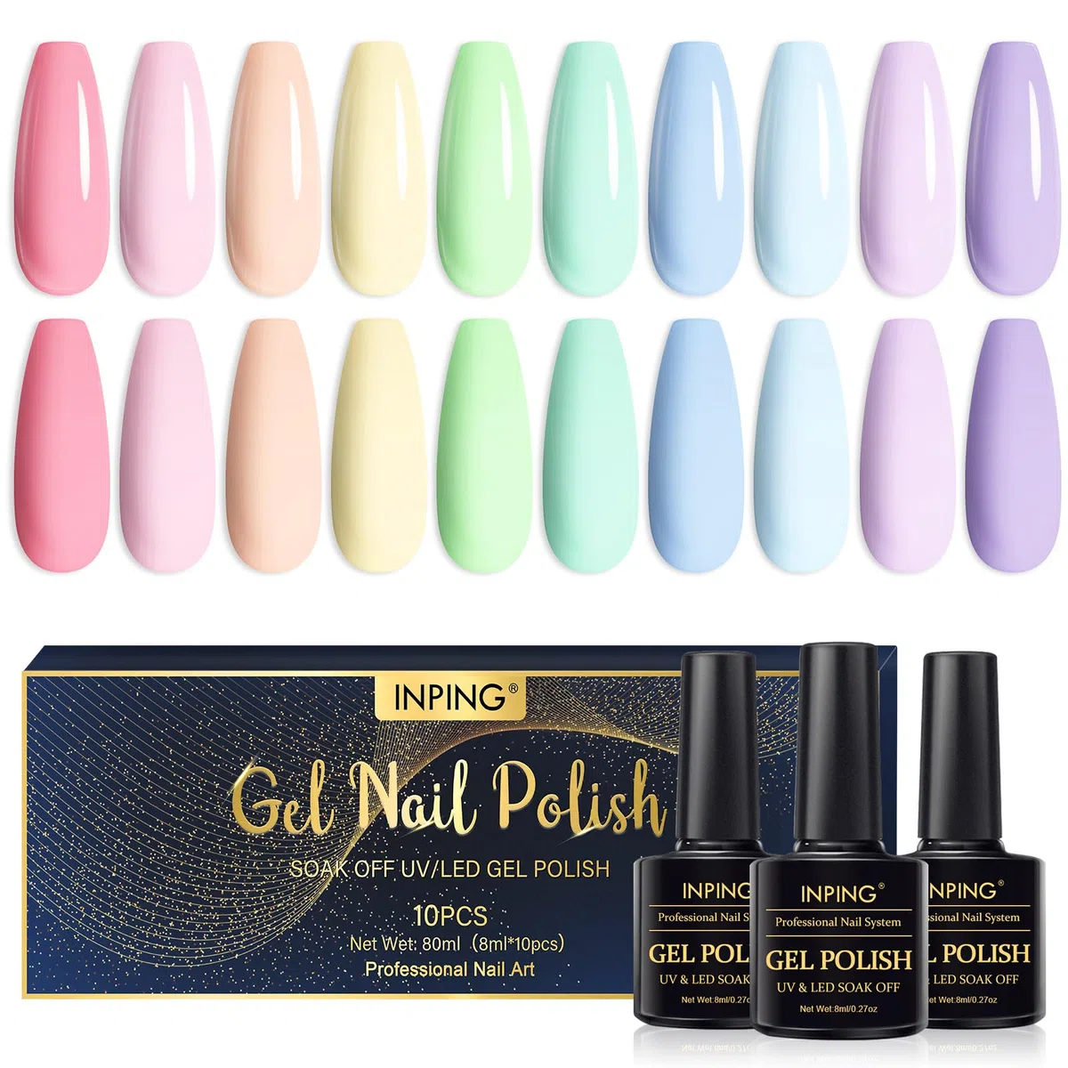 INPING Vernis Semi Permanent Pastel,10 Couleurs Macaron Rose Jaune Vert Bleu Violet Vernis Gel UV Semi Permanent,Printemps D'été Vernis à Ongles Pour Débutant DIY Nail Art, 8 ML