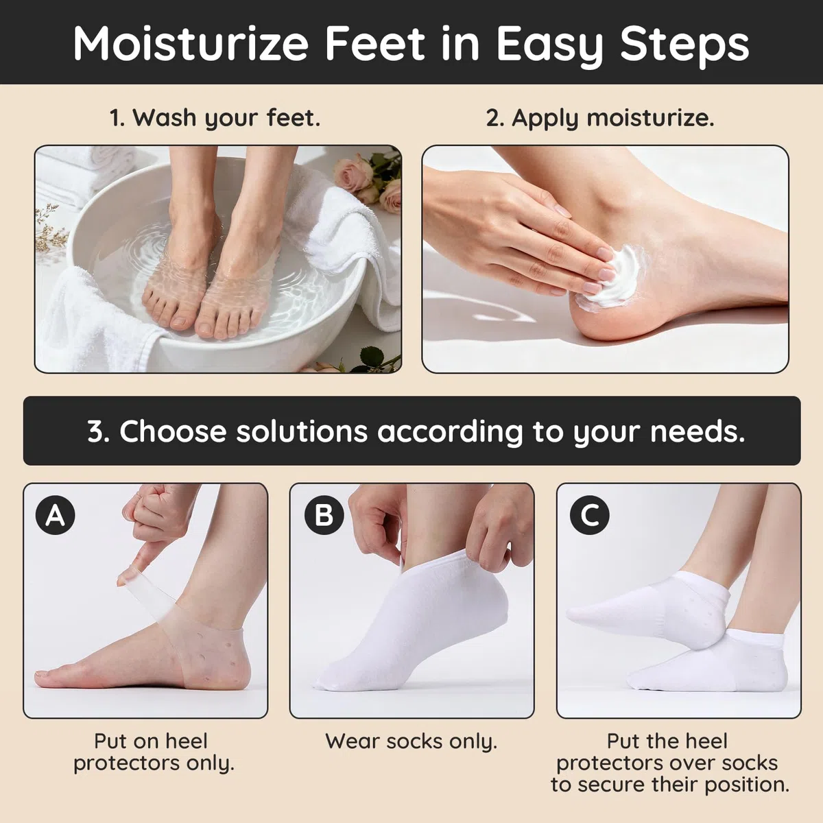 Segbeauty Chaussettes Hydratantes, 6 Paires Chaussette Hydratante Pied et 2 Paires Protège Talon Silicone, Respirant et Lavables, pour Soin des Pieds (Blanc)