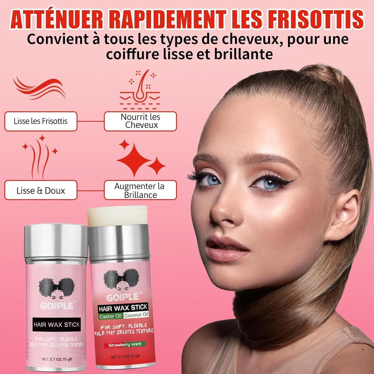 Hair Wax Stick Longue Durée, Non Gras Wax Stick Hair pour Cheveux Rebelles, Bâtonnet de Cire pour Femmes & Enfants, Avec Brosse à Cheveux Lisse, Brosse à Bords, Peigne à Queue de Rat et Pince de Salon