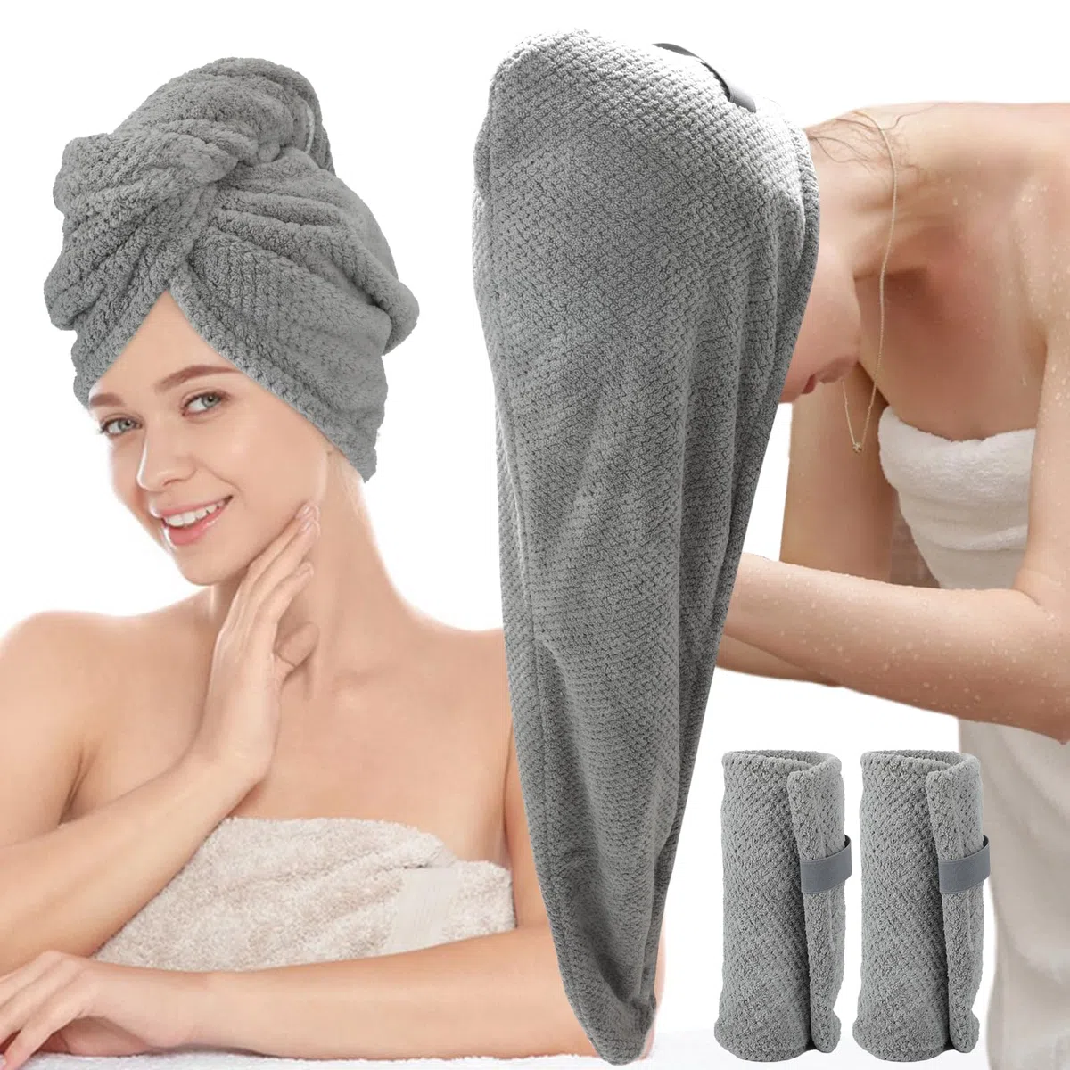 Lot 2 Grandes 86x26 CM Serviette Microfibre Cheveux pour Longs et Bouclés, Super Absorbantes, Serviette Cheveux Sechage Rapide avec Sangles Elastiques pour Femme, Serviette de Séchage, Gris