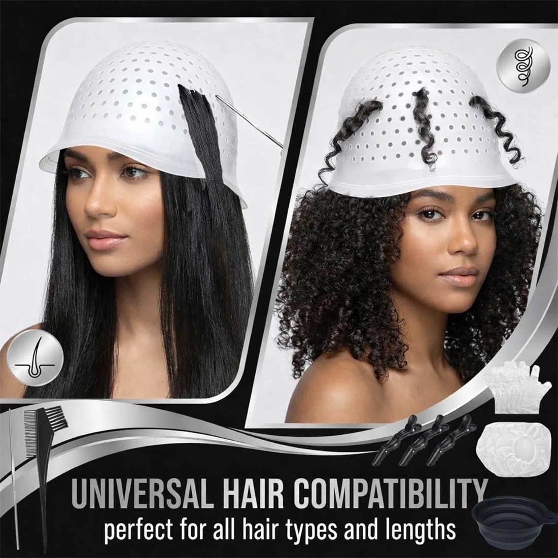 1 Set Bonnet Meches Cheveux, Kit Coloration Cheveux Professionnel avec Bonnet en Silicone et Outils, Pour Salon de Coiffure et Usage Domestique, Noir et Blanc
