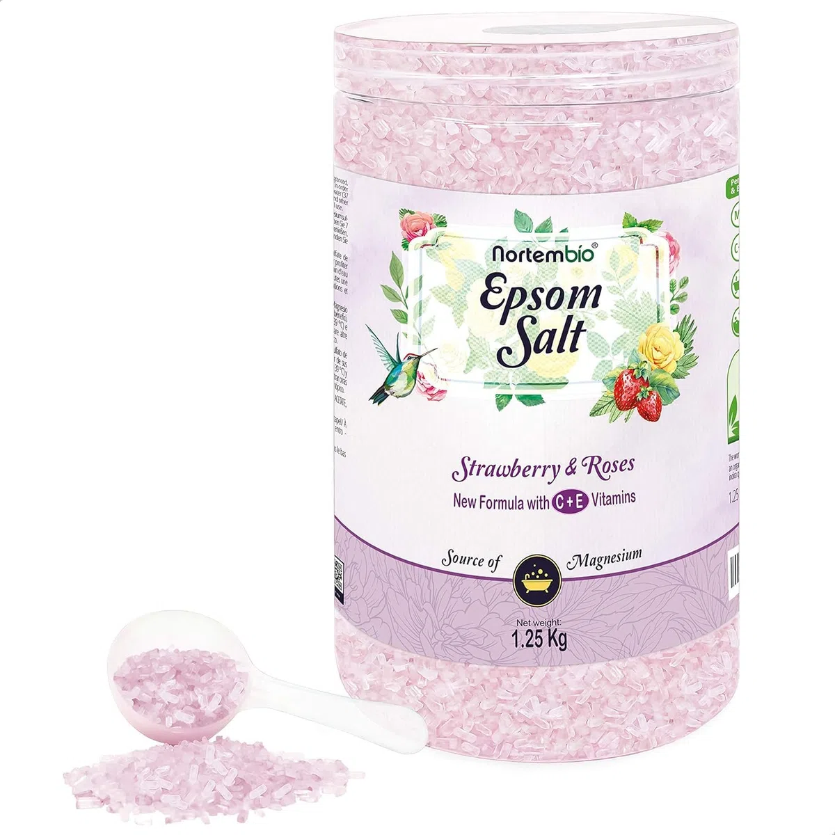 Nortembio Sels d'Epsom Parfumés 1,25 kg Sel de Bain au Magnésium, Vitamines C & E | Bain de Pieds, Spa Maison, Relaxation et Bien-être | Parfum au Choix + eBook Gratuit (Fraises & Roses)
