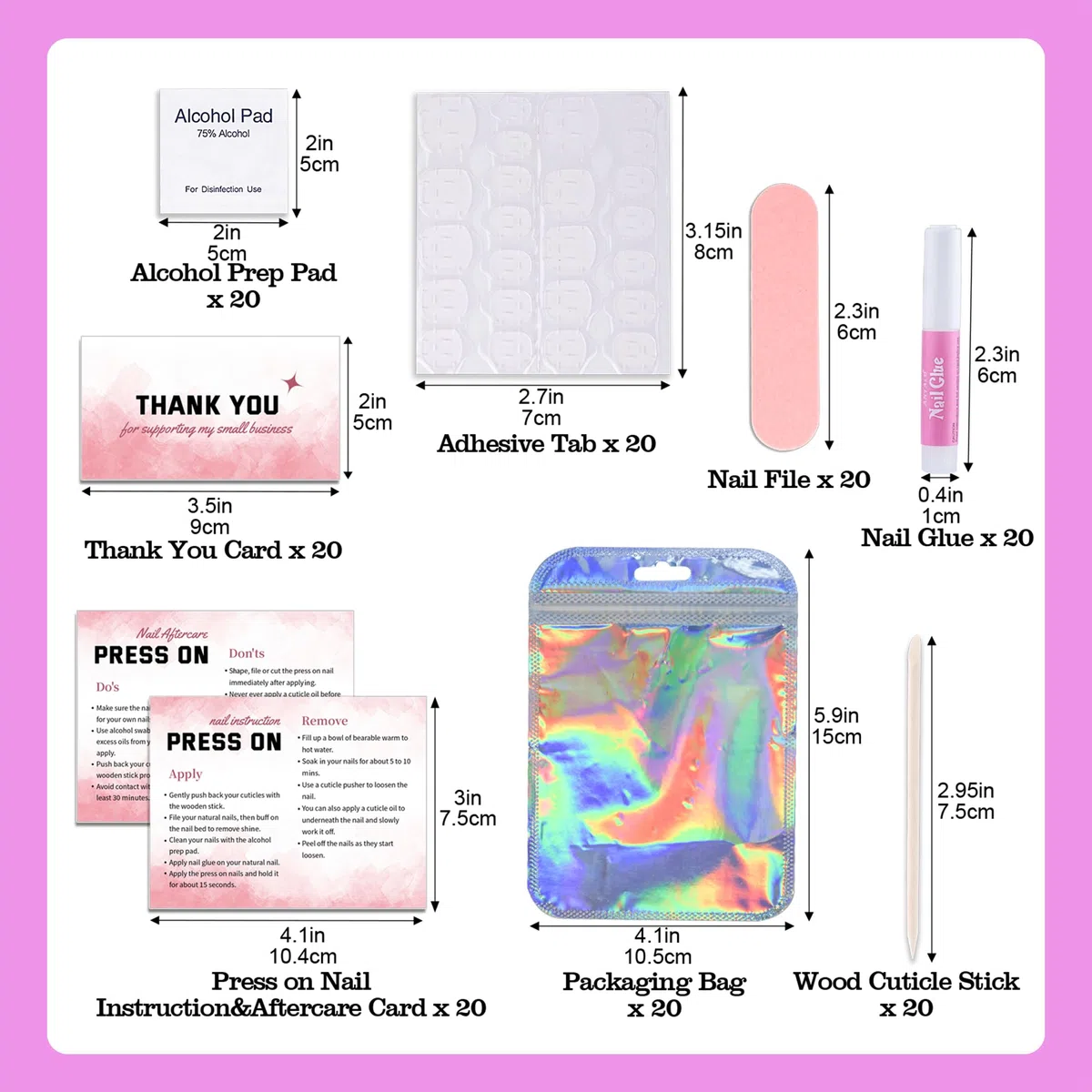 20 Sets Kit Pour Ongles Pressé Jetable de Préparation Pour Ongles, Colle pour lime à ongles, Pad de Préparation, Pastilles Adhésives pour Ongles, Bâtonnet en Bois, Notice d’utilisation, Sac (Rose)