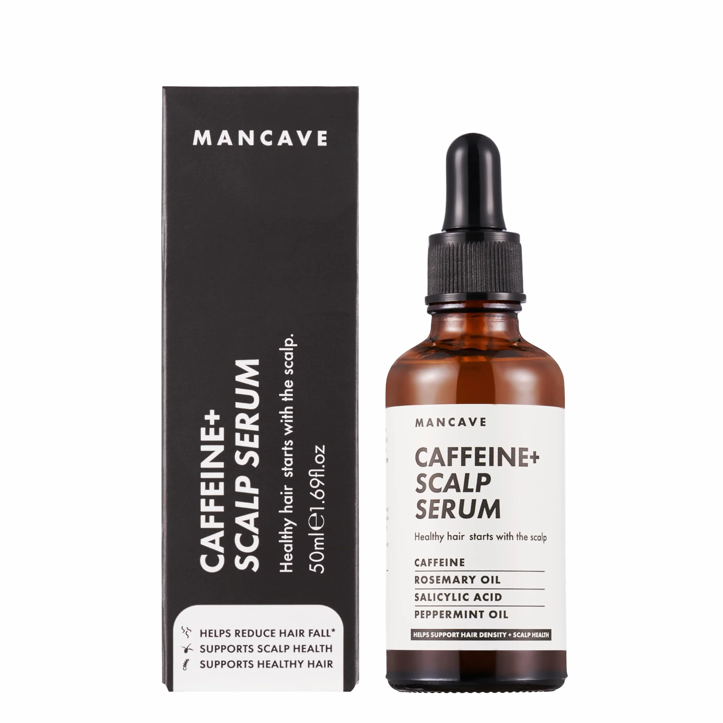 ManCave Caffeine+ Sérum pour cuir chevelu pour homme, stimule et conditionne avec de la caféine et de l'huile de romarin, exfolie le cuir chevelu sec, squameux avec acide salicylique, naturel,