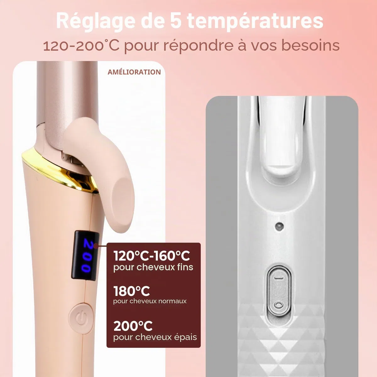 25mm fer à boucler pour cheveux courts, fer a boucler de voyage avec écran LCD, 5 réglages de température 120-200℃, fer à boucler à double tension avec pince