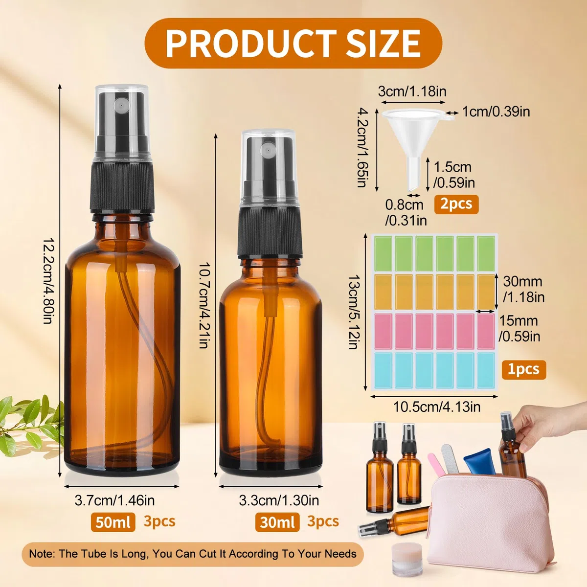 6 Pièces Flacon Pulvérisateur Vide En Verre Brun, 50ml 30ml Vaporisateur Vide avec 2 Entonnoirs et Étiquettes, Spray Bottle avec Protection Contre Les UV, Spray Vides pour Huiles Essentielles