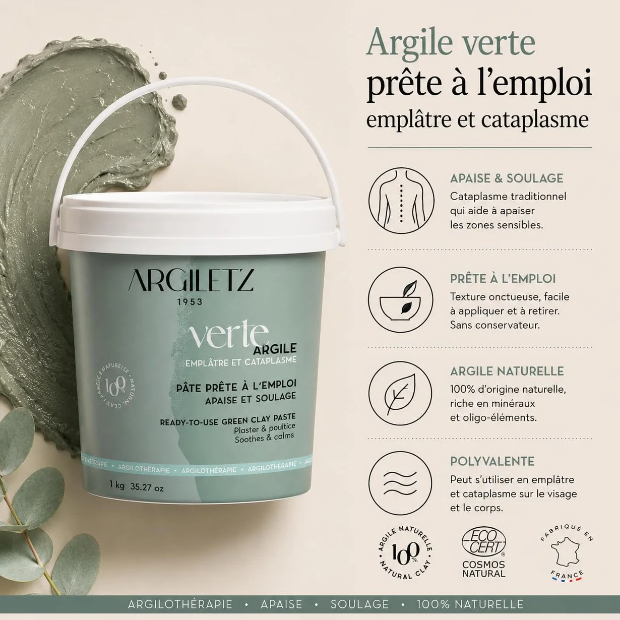 Argiletz Argile Verte Prête À L’Emploi 1 kg Pot – Pâte Naturelle Cataplasme Usage Ciblé