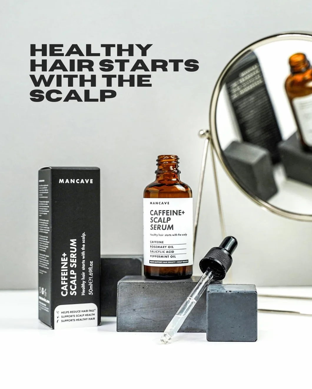 ManCave Caffeine+ Sérum pour cuir chevelu pour homme, stimule et conditionne avec de la caféine et de l'huile de romarin, exfolie le cuir chevelu sec, squameux avec acide salicylique, naturel,
