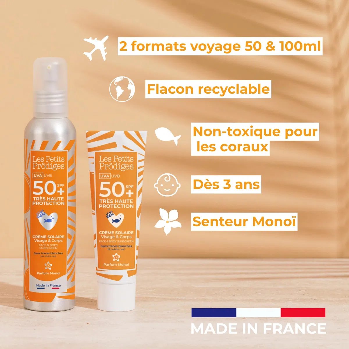 LES PETITS PRODIGES Creme Solaire SPF 50+ Visage & Corps - Invisible - Haute Protection UVA, UVB - Hydratant & Apaisant - Senteur Monoï - Flacon Aluminium Recyclable - Fabriquée en France - 50ml