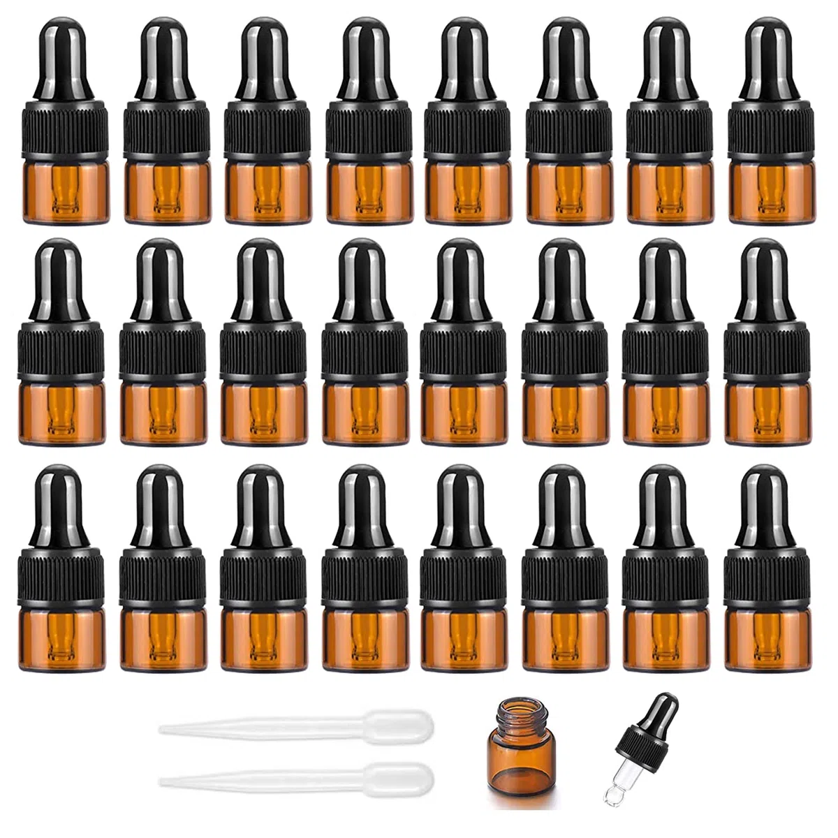 Lot de 24 mini flacons compte-gouttes vides en verre ambré de 1 ml avec pipettes compte-gouttes et bouchon en plastique rechargeables pour huiles essentielles, parfums, cosmétiques liquides