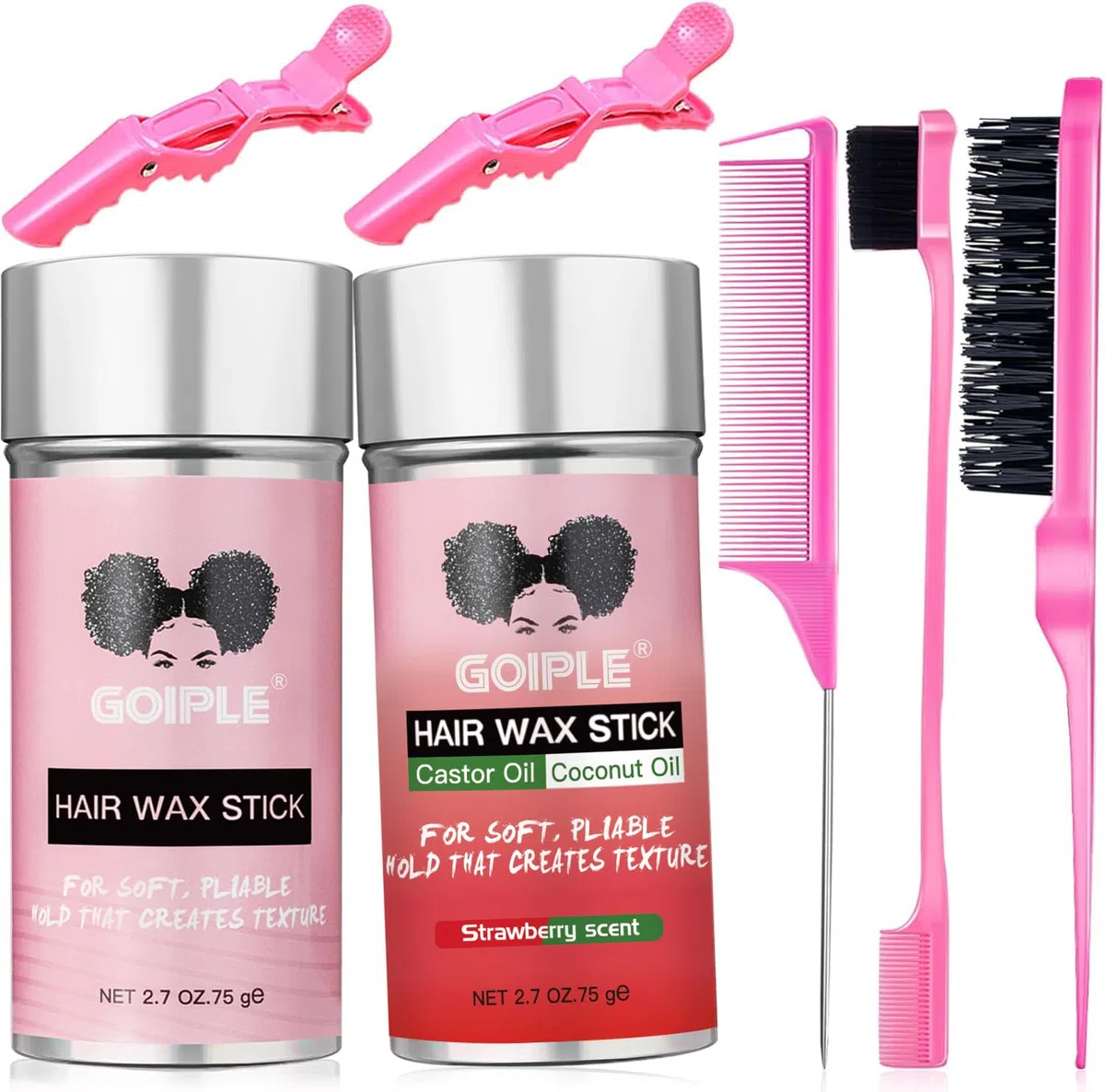Hair Wax Stick Longue Durée, Non Gras Wax Stick Hair pour Cheveux Rebelles, Bâtonnet de Cire pour Femmes & Enfants, Avec Brosse à Cheveux Lisse, Brosse à Bords, Peigne à Queue de Rat et Pince de Salon