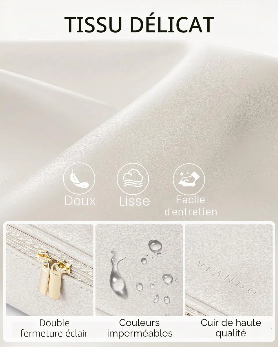 Vlando Trousse de maquillage de voyage petite, sac à maquillage pour femmes, organisateur de sac à cosmétiques portable, trousse de maquillage multifonctionnelle pour femmes en cuir imperméable, Blanc