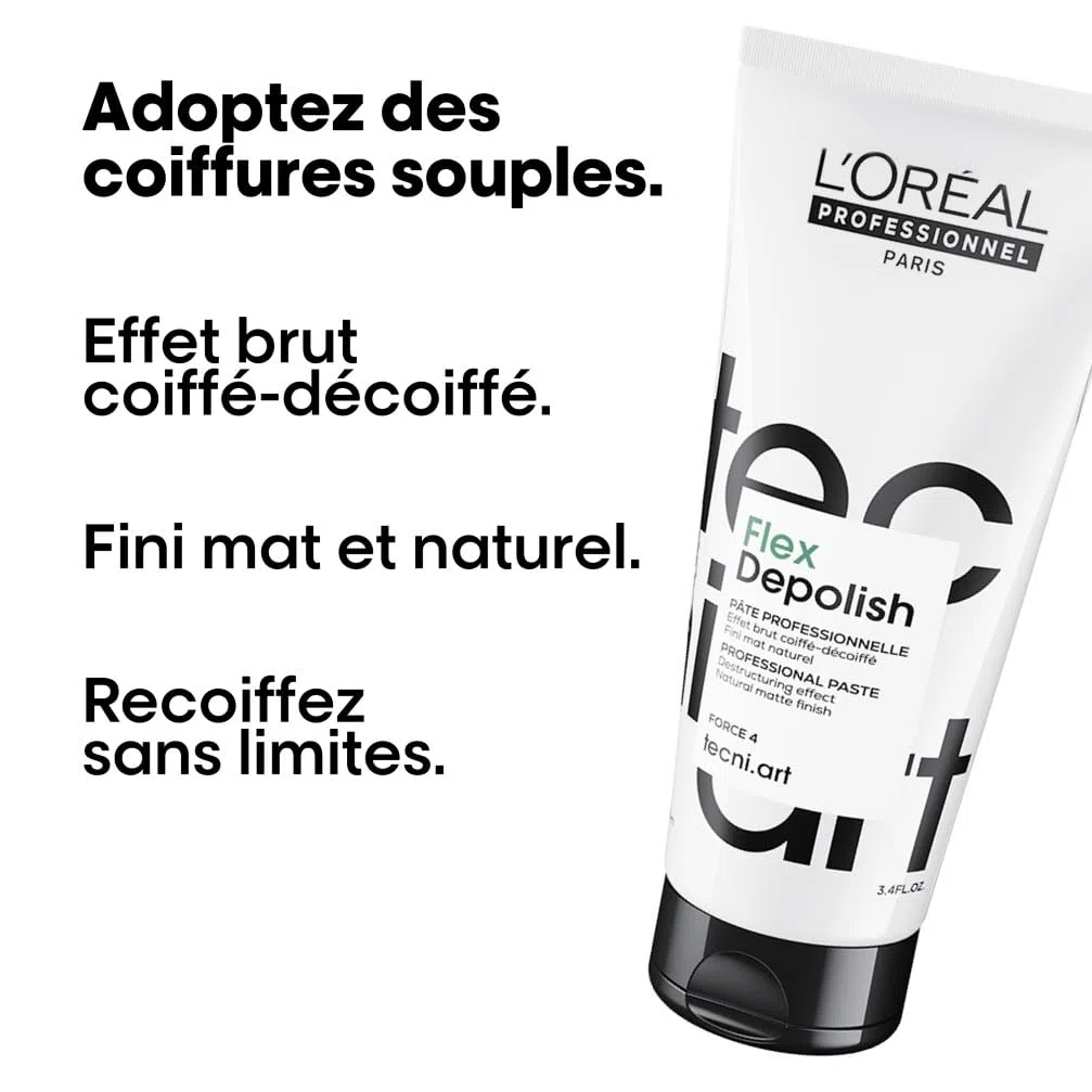 L'OREAL PROFESSIONNEL - Pâte Déstructurante Flex Depolish Tecni Art - Homme & Femme - Coiffures Souples & Effets Coiffés-Décoiffés - Fini Mat & Naturel - Tous Types de Cheveux - 100 ml