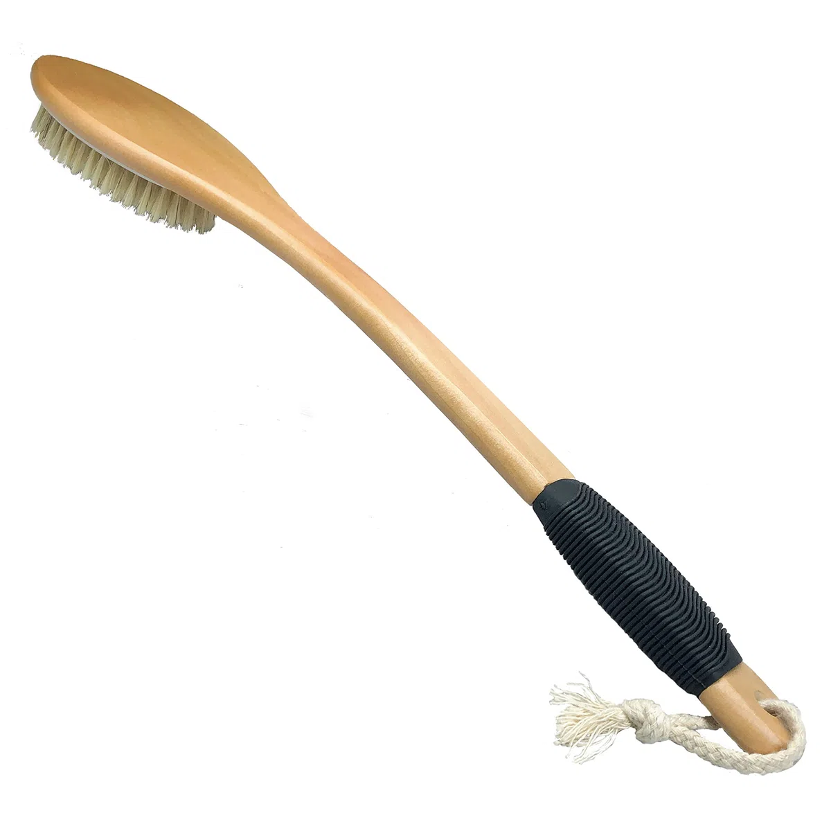 OWIIZI Brosse de bain en bois avec long manche incurvé antidérapant pour exfoliation, brosse à poils naturels pour une utilisation sur le dos, humide ou sec