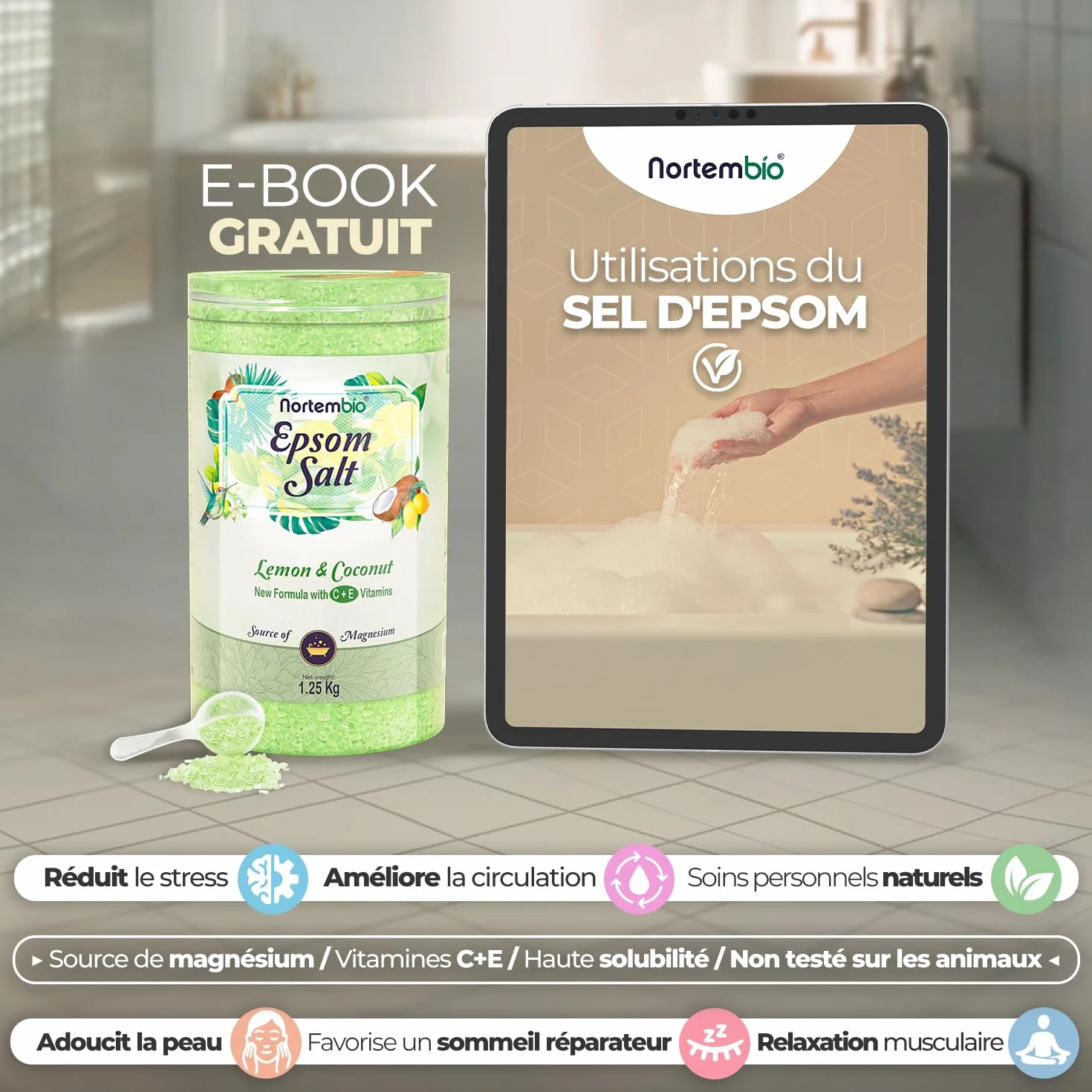 Nortembio Sels d'Epsom Parfumés 1,25 kg Sel de Bain au Magnésium, Vitamines C & E | Bain de Pieds, Spa Maison, Relaxation et Bien-être | Parfum au Choix + eBook Gratuit (Fraises & Roses)