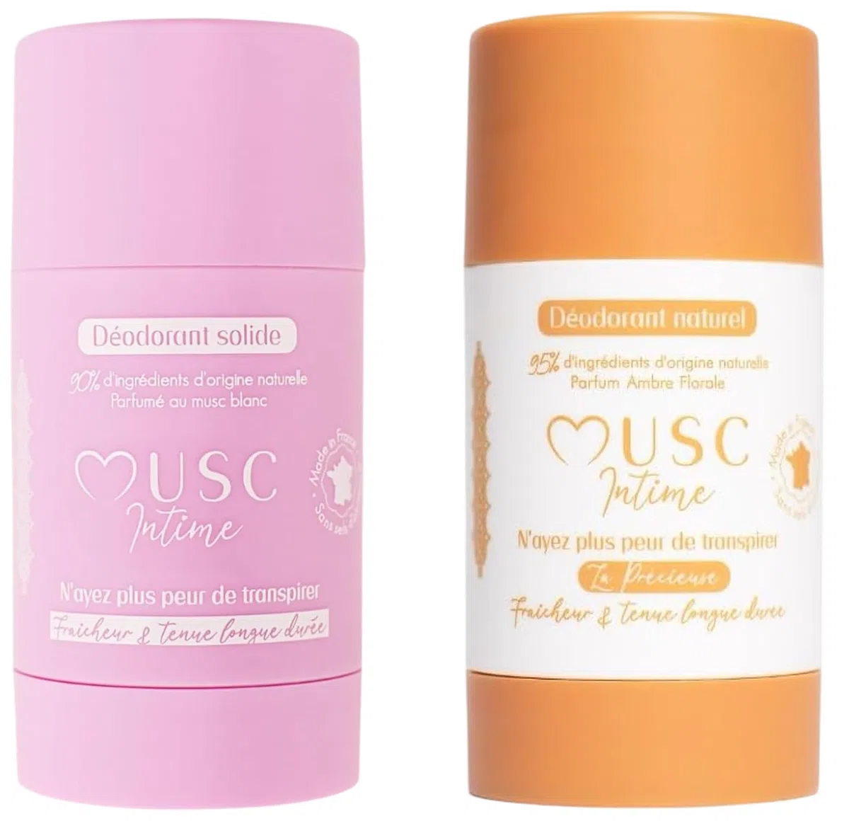 MUSC INTIME La Marque Officielle - Lot de 2 - Déodorants Anti transpirants - Duo Découverte - Musc Blanc & Amber Flower - L'Irrésistible & La Précieuse - Protège et Parfume - 2x 50g