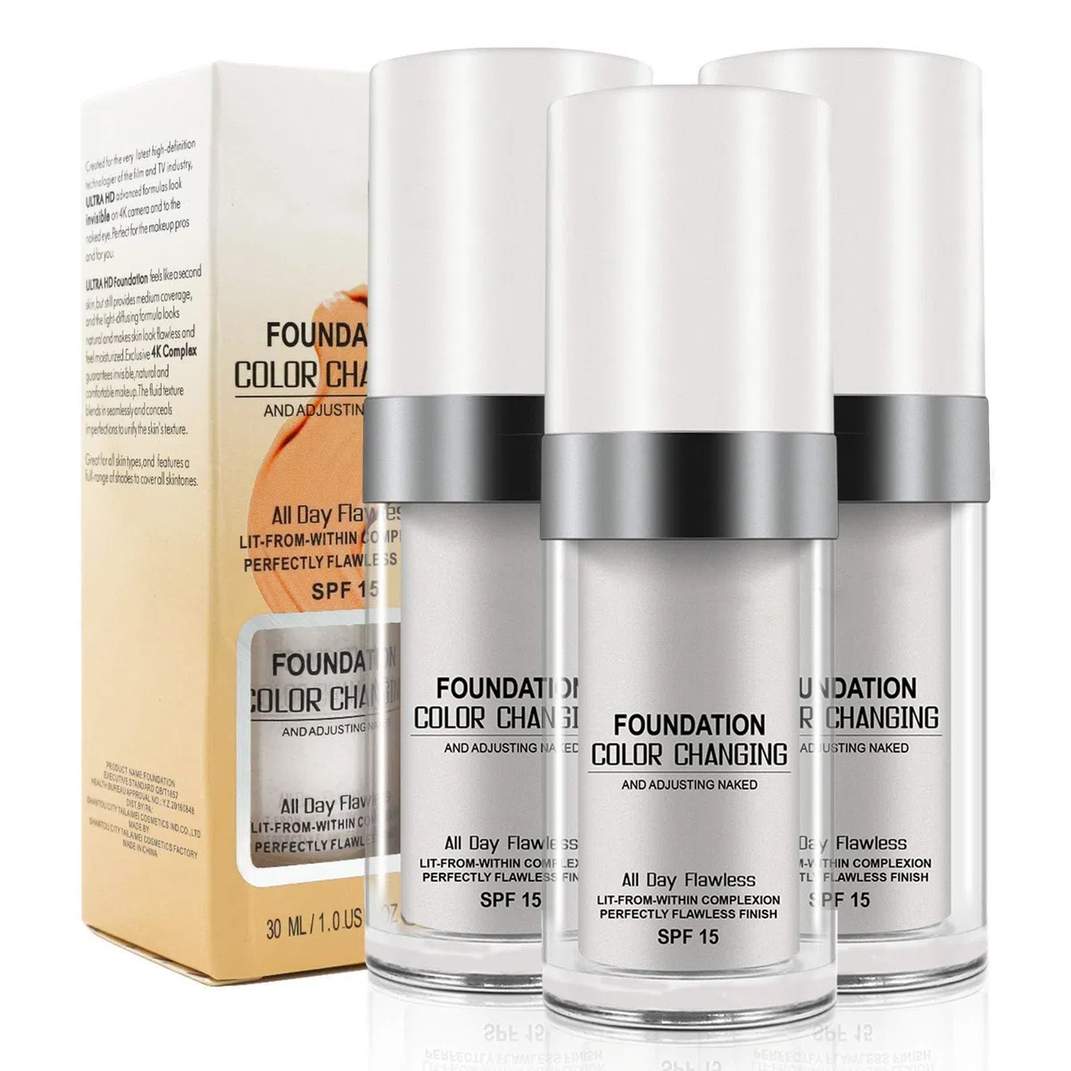 3 Pack Fondation Liquide Hydratant Naturel Maquillage, Haut Pouvoir Couvrant SPF15, Waterproof