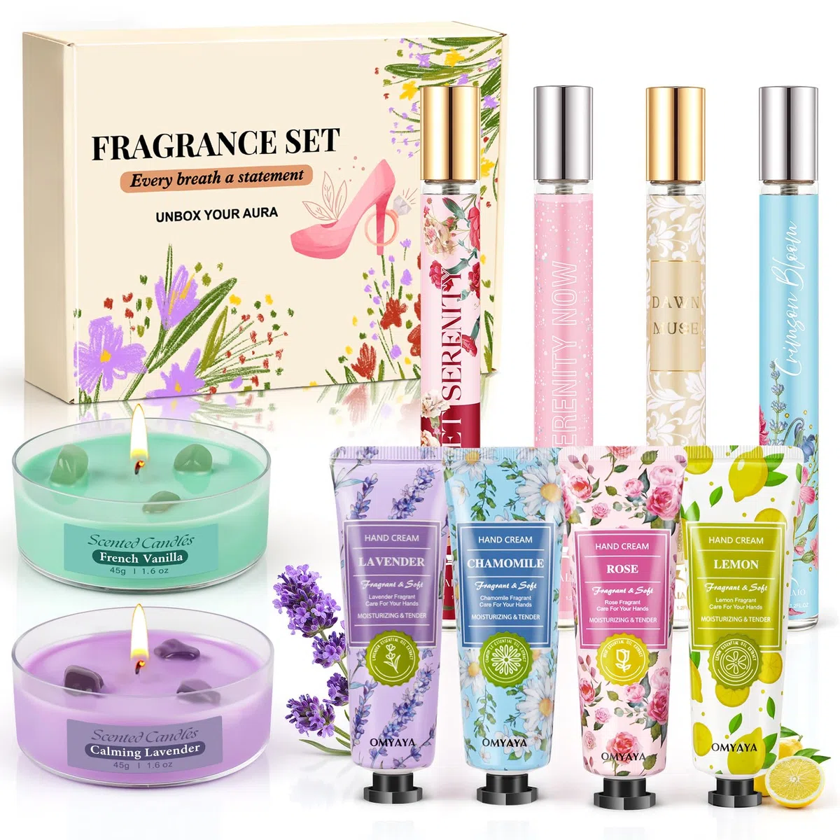 Coffret parfum pour femme，4x 35ml Parfum femme +4 Crèmes Mains Vitaminées + 2 Bougies Parfumées - Cadeau Anniversaire Idée Originale pour Elle - Perfum Floral Longue Tenue - Format Voyage