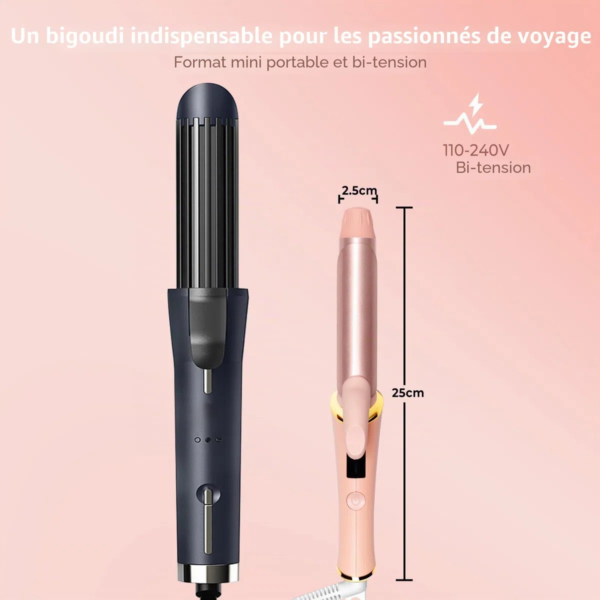 25mm fer à boucler pour cheveux courts, fer a boucler de voyage avec écran LCD, 5 réglages de température 120-200℃, fer à boucler à double tension avec pince