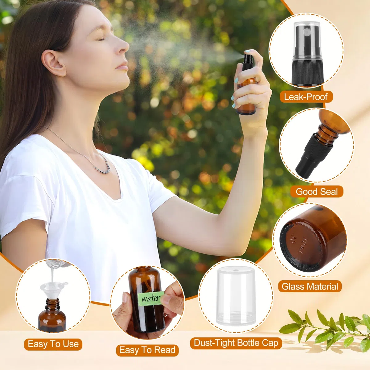 6 Pièces Flacon Pulvérisateur Vide En Verre Brun, 50ml 30ml Vaporisateur Vide avec 2 Entonnoirs et Étiquettes, Spray Bottle avec Protection Contre Les UV, Spray Vides pour Huiles Essentielles