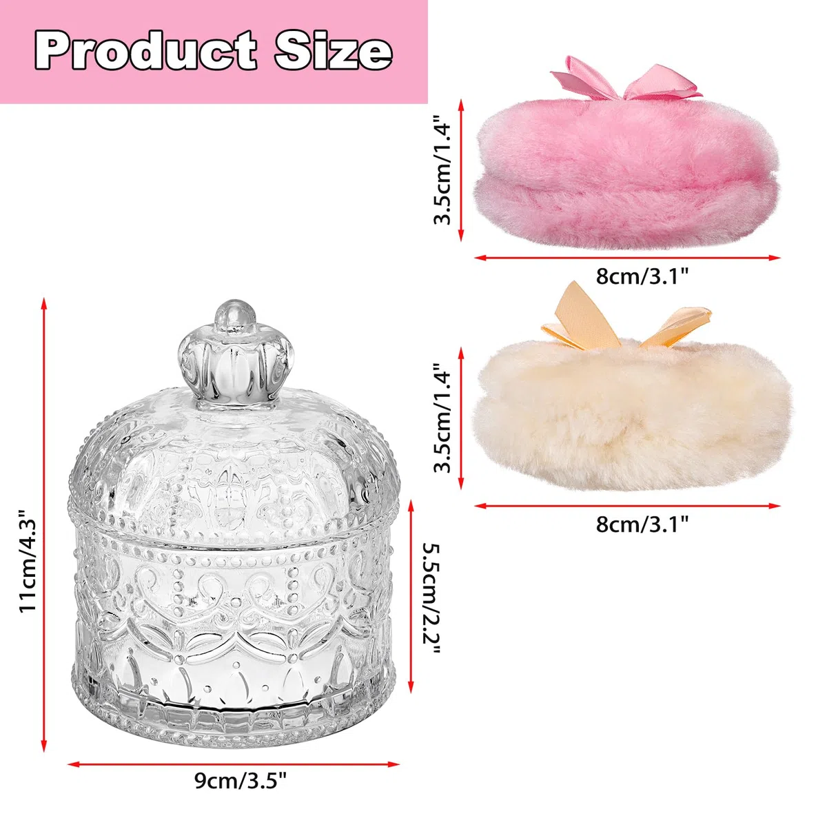 Boite à Poudre Vide en verre Contenant pour poudre libre avec 2 houppettes lavables et réutilisables pour femme, contenant transparent pour talc outil de maquillage (couronne, L)