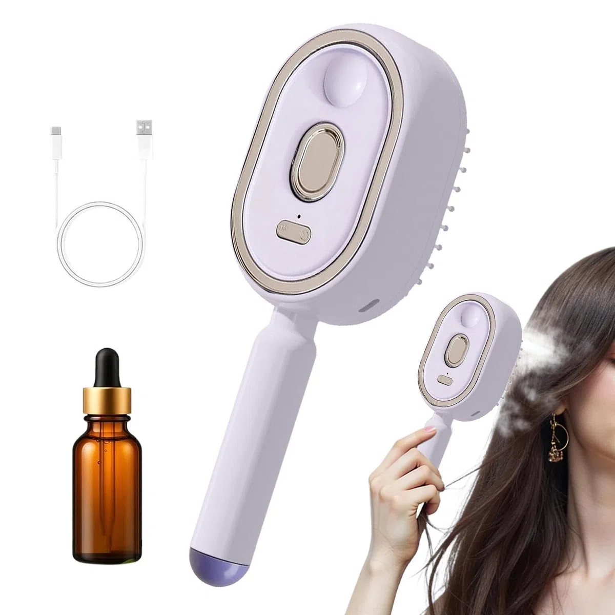 Brosse à vapeur pour cheveux - avec Verre Mesureur d'Huile Peigne Démêlant Rechargeable | Brosse lissante à vapeur | Pour Des Cheveux Épais Raides Ondulés Bouclés Lissage Maison Voyage Filles