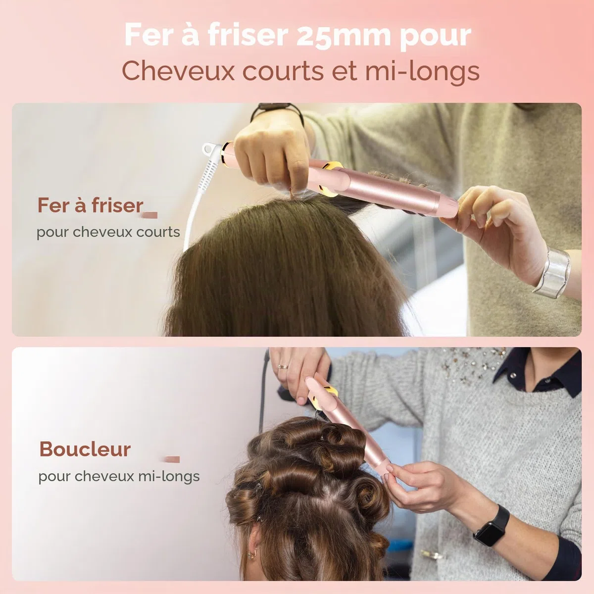 25mm fer à boucler pour cheveux courts, fer a boucler de voyage avec écran LCD, 5 réglages de température 120-200℃, fer à boucler à double tension avec pince