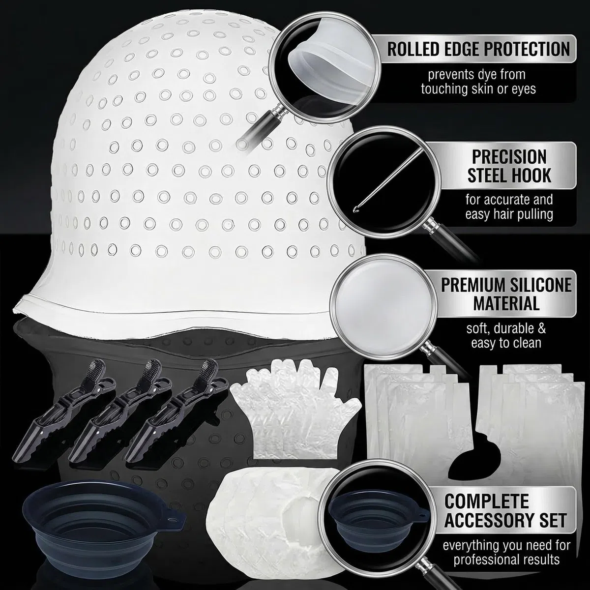 1 Set Bonnet Meches Cheveux, Kit Coloration Cheveux Professionnel avec Bonnet en Silicone et Outils, Pour Salon de Coiffure et Usage Domestique, Noir et Blanc