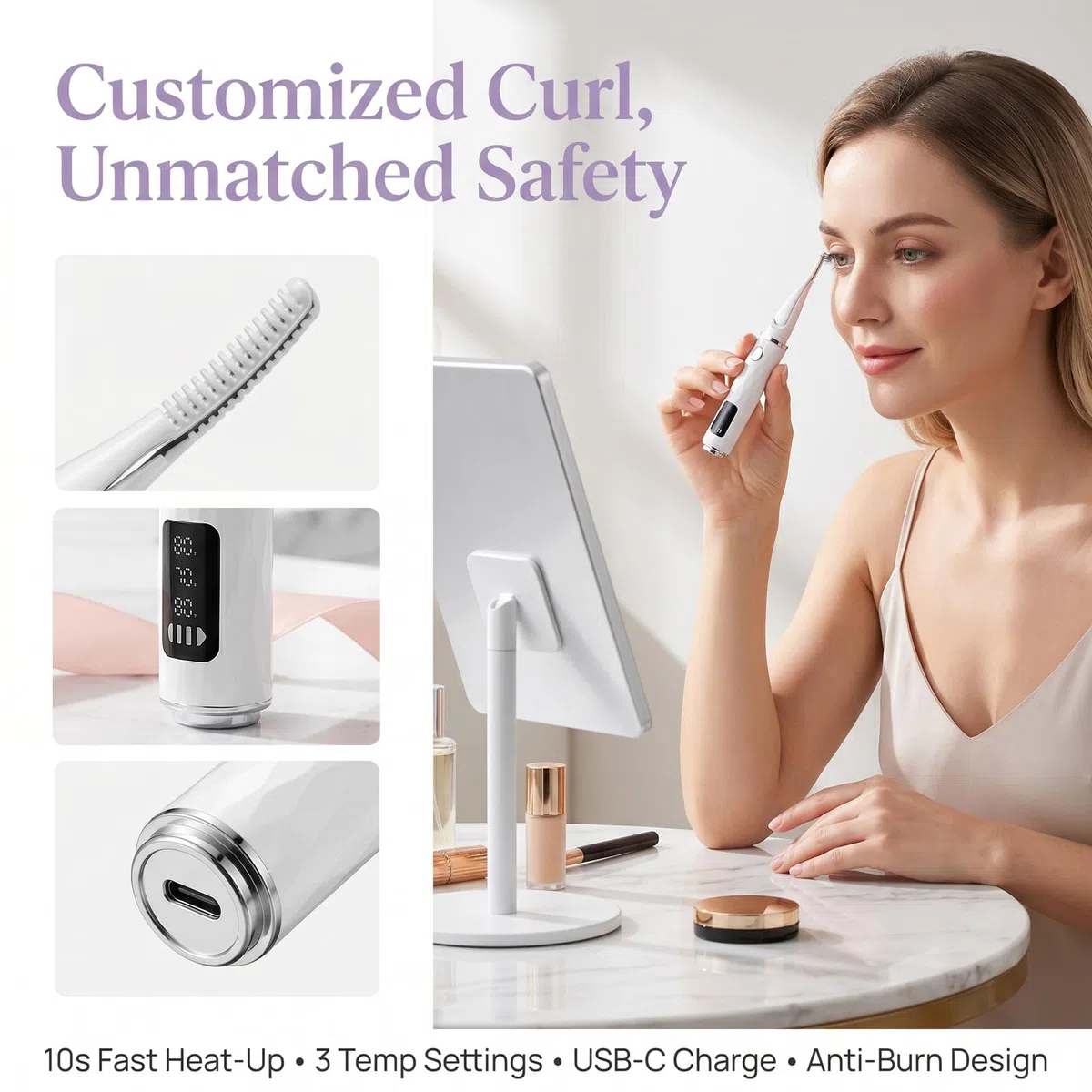 Recourbe Cils Chauffant Rechargeable, Recourbe Cils Électrique Rapide en 10s avec Écran LED, Electric Eyelash Curler, 3 Modes de Température Réglables, Arrêt Automatique