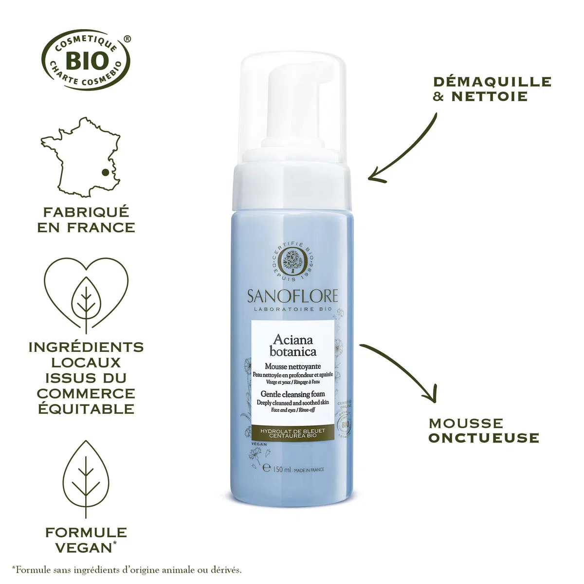 Sanoflore – Mousse Nettoyante Démaquillante Visage & Yeux Bio Aciana Botanica 150ml + Crème Hydratante Visage Légère Bio Aciana Botanica 50ml