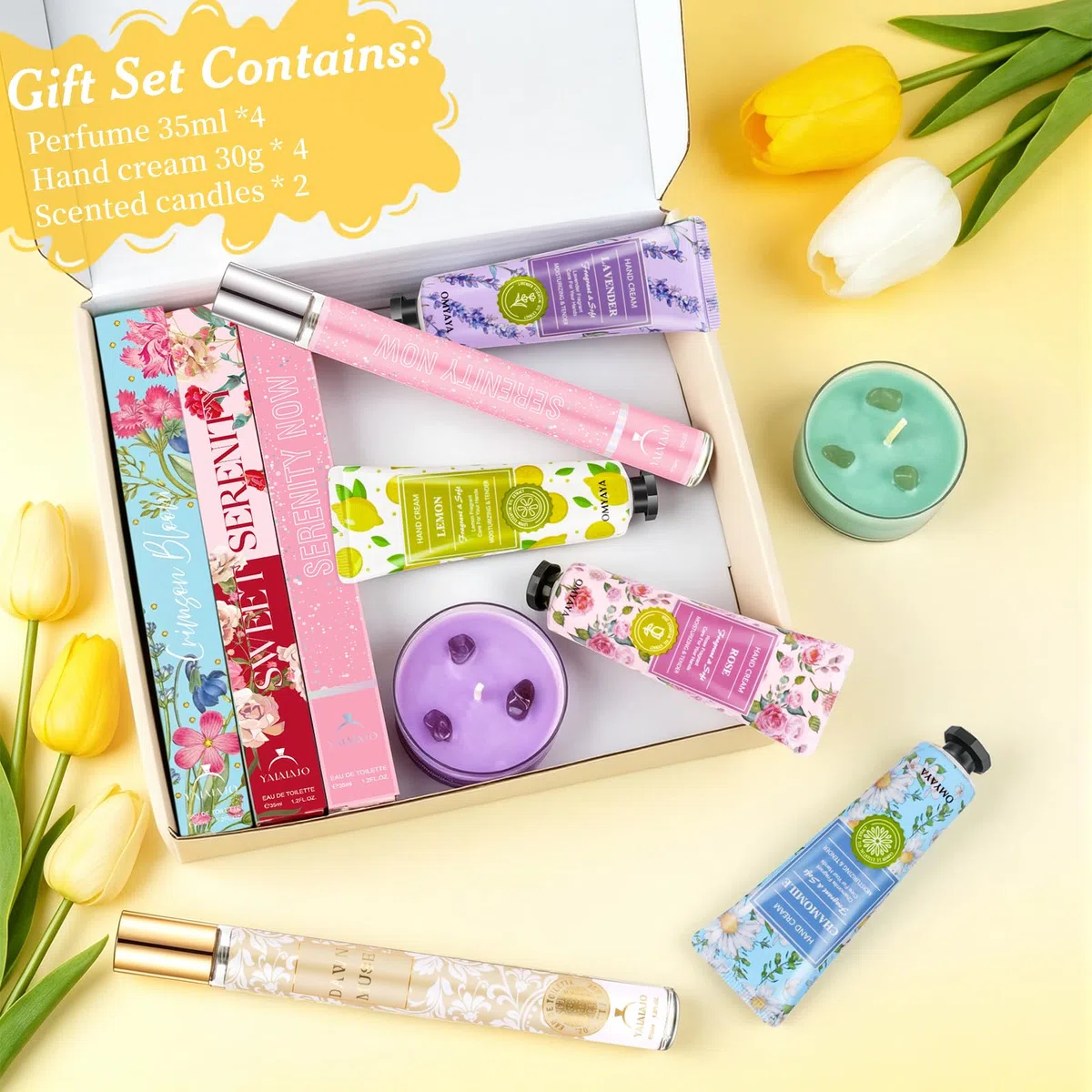 Coffret parfum pour femme，4x 35ml Parfum femme +4 Crèmes Mains Vitaminées + 2 Bougies Parfumées - Cadeau Anniversaire Idée Originale pour Elle - Perfum Floral Longue Tenue - Format Voyage