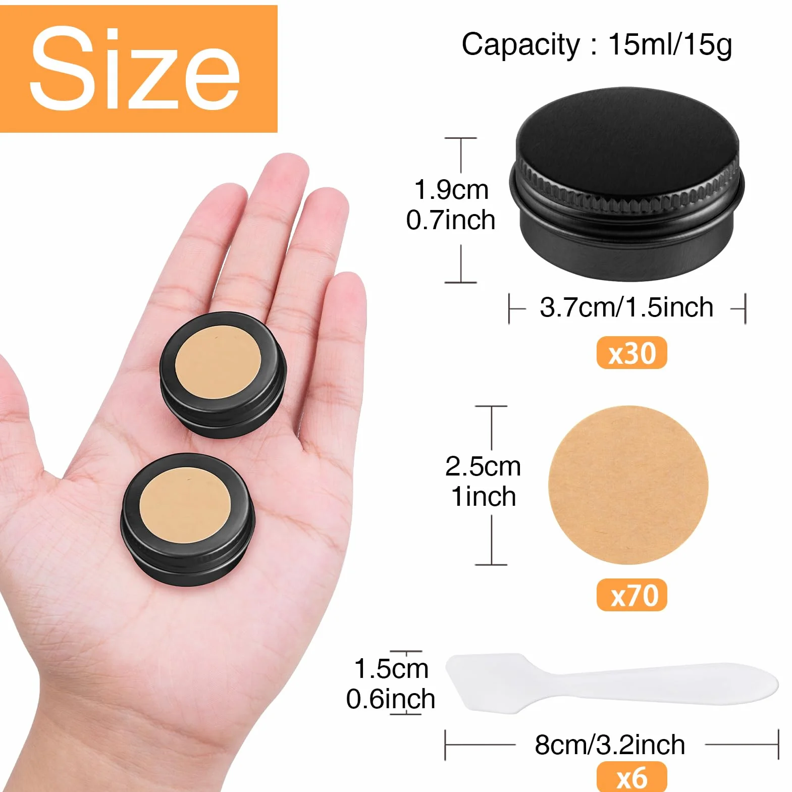 30 Pots en Aluminium de 15 ML, Pots de Contenants Cosmétiques Vides avec Spatule et Autocollants d'Étiquettes pour Échantillon, Baume à Lèvres - Noir