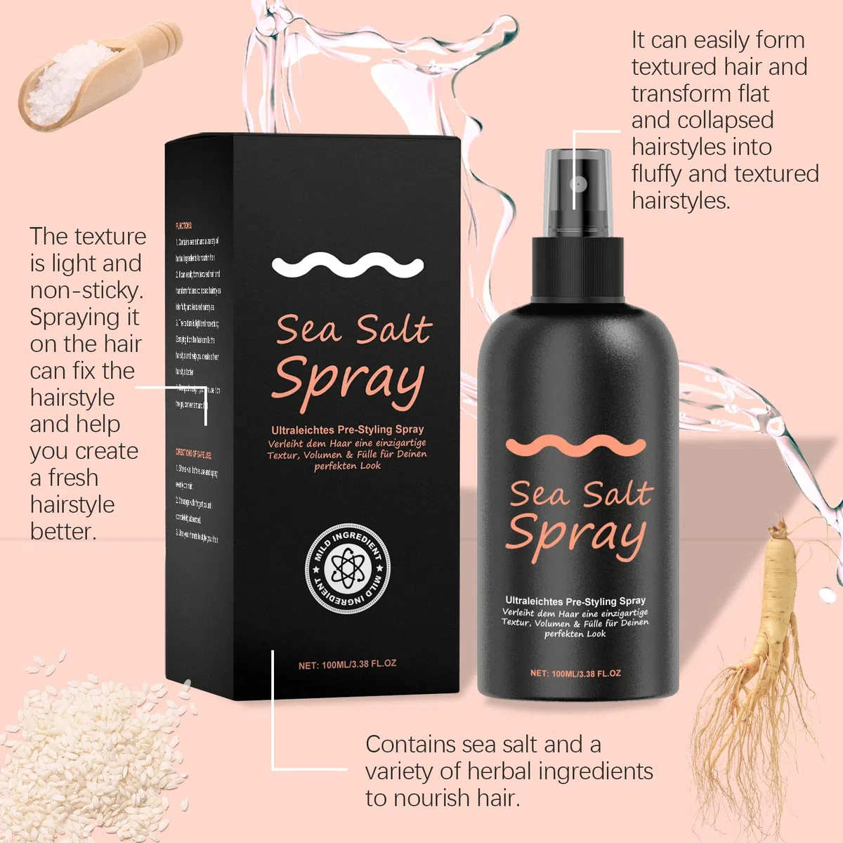 Sea Salt Spray, Men's Spray Texturant au Sel Marin, Spray Coiffant Eau de Mer, Spray Eau de Mer Cheveux pour Cheveux Plus Volumineux & Texture Stable, 06