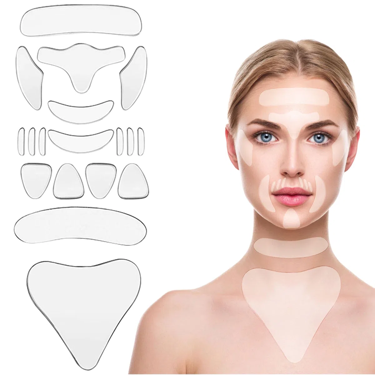 Lot de 18 Patchs Anti-Rides Réutilisables en Silicone pour Front, Yeux, Joues, cou et Poitrine, Anti-Wrinkle Patches pour le Visage Contre les Rides, Réduit l'humidité des Ridules et Anti-âge