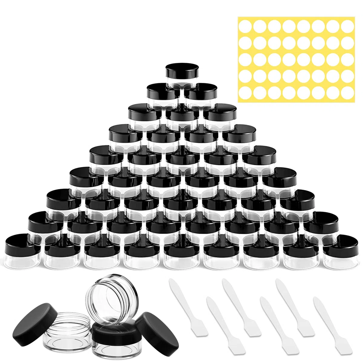 68 Pièces Pots Cosmétiques Vides, Contenants Vides Cosmétiques avec Mini Spatule Cosmétique et Gommettes Autocollantes Ronde pour Crème Échantillons Poudre Lotion (3/5 / 10ml, Noir)