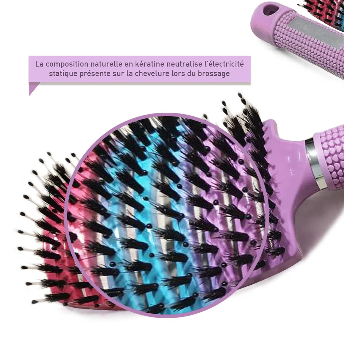 Brosse Cheveux demelante [ 3 Brosses theme Arc-en-Ciel Rose - NE TIRE PAS ] Poil de Sanglier 100% Naturelle - Pour démêler en douceur !