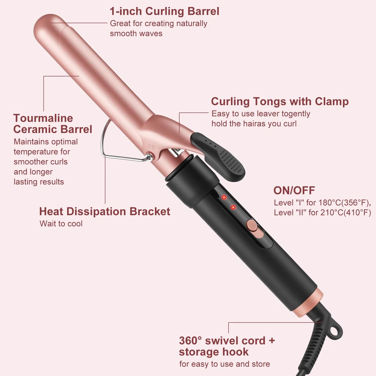 Fer à boucler 25 mm, Boucleur a Cheveux en céramique avec température réglable pour cheveux longs et moyens, double tension professionnel Fers à friser avec gant