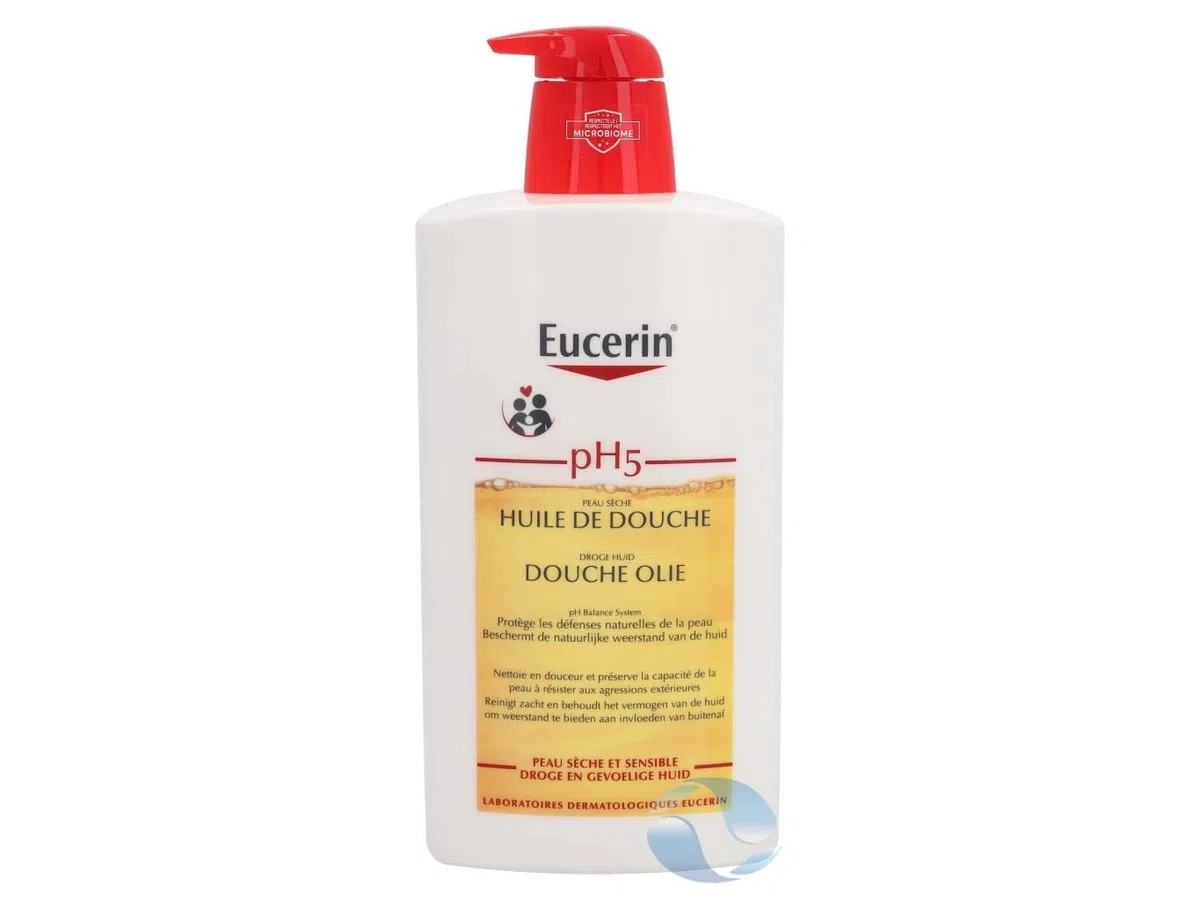 Eucerin pH5 Huile de Douche Format Pompe 1000 ml, Nettoyant sans savon liquide pour peaux sensibles, Huile Lavante aux Huiles Naturelles et Tampon de Citrate pour maintenir l'équilibre pH de la peau